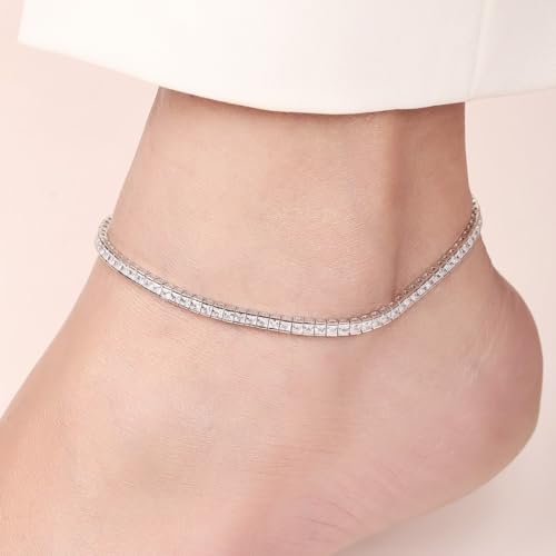 925 Sterling CZ Rhodium Plated Charm Anklets (PAIR)