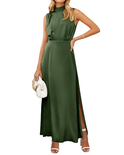BTFBM Women Sleeveless Mock Neck Cocktail Dresses Keyhole Elastic Waist Party Wedding Guest Satin High Split Maxi Dress(Solid Army Green, Medium)