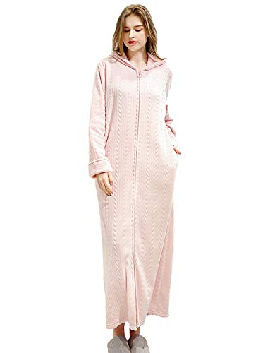 YOUBUY Womens Lounging Sleepwear Long Zipper Front Robes with Hood, Pink L