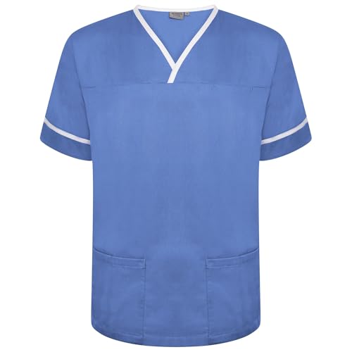 Behrens Unisex Plain Smart Scrub Top with Contrast Trim, for Healthcare Professionals, Crossover Neckline for All-Day Comfort, Waterproof Pockets, Action Back, Size M Color Metro Blue