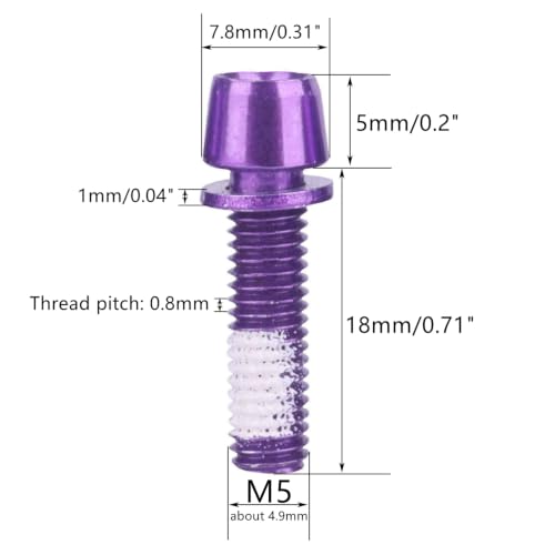 Image of Steel M5x18mm Bolts with Washer, Allen Hex Tapered Screw for Bicycle Stem, Pack of 6 (Purple)