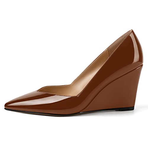 NUMALEO Womens Patent Slip On Casual Solid Pointed Toe Office Wedge High Heel Pumps Shoes 3.3 Inch2