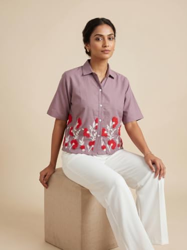 Image of Stylish Women's Embroidered Shirts | Geometric Pattern Half Sleeve Collared Button-Up Casual Shirt for Women