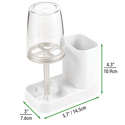 Mdesign Modern Plastic Bathroom Vanity Countertop Toothpaste & Toothbrush Holder Stand With Rinsing Cup/Cover - Dental Center Holds Electric Toothbrushes - White/Satin/Clear #TOP5