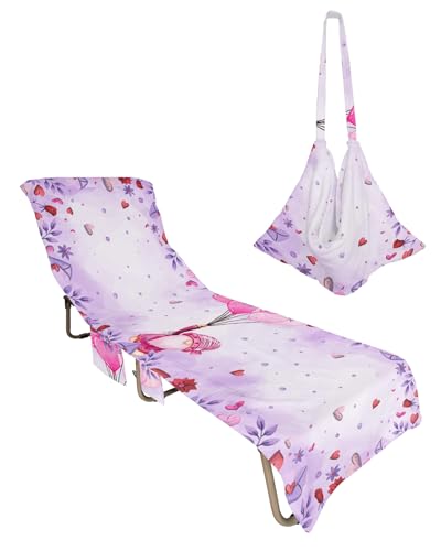 Purple Gnomes Valentines Day Beach Lounge Chair Towel Cover, Soft Chaise Lounge Towel with Side Pockets Patio Pool Chairs Cover for Beach/Pool Sunbathing 29x85 Pink Love Heart Spring Floral