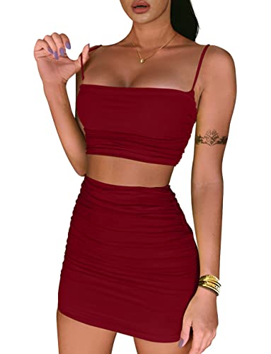 Image of BEAGIMEG Women's Ruched Cami Crop Top Bodycon Skirt 2 Piece Outfits | Dress