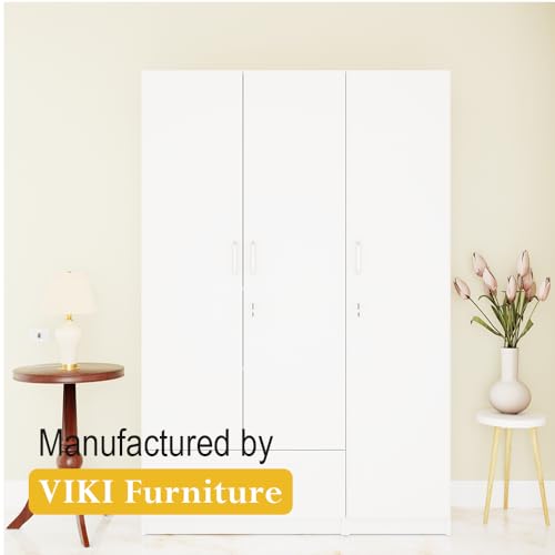 Image of VIKI Wardrobe | Wooden Almirah for 3 Door Wardrobe with 1 Drawer & Hanging Space (Frosty White - 40D x 120W x 180.8H) | 1 Year Warranty | Free Assembly