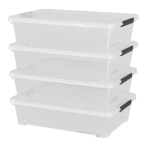 4-Pack Under Bed Storage Box, 40 Quart Plastic Containers with Lids | Clear Plastic Bin with Durable Wheels, Secure Latching Lids, Stackable Low-Profile Organizer Box for Closet, Bedroom, Dorm