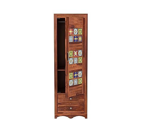 Image of Sheesham Wood Wooden Single Door Wardrobe Organizer for Clothes | - Solid Wood Almirah with 2 Drawers, 2 Shelves - Cupboard for Large Bedroom (Design 16)