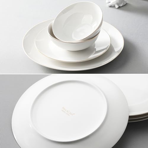 MALACASA 12-teiliges Geschirr-Set für 4 Personen aus Knochenporzellan, modernes Kombiservice in cremeweiß mit Goldrand, bestehend aus Speisetellern, Desserttellern und Müslischalen, Serie JERA