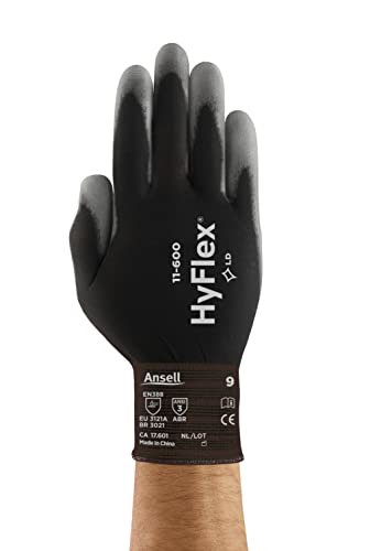 Ansell HYFLEX 11-600 Light Duty Nylon Industrial Gloves w/Palm Coating for Metal Fabrication, Automotive - Medium (8), Black (12 Pairs)