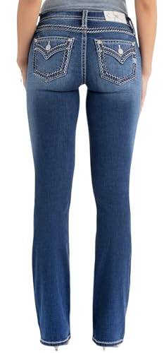 Miss Me Women's Silver Stitch Classic Mid Rise Bootcut Jeans with Faux Flap Pockets