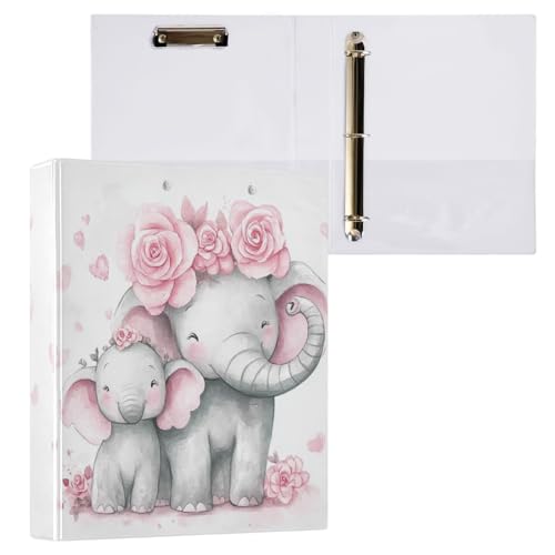 Classeur à 3 anneaux motif éléphant maman et bébé floral rose