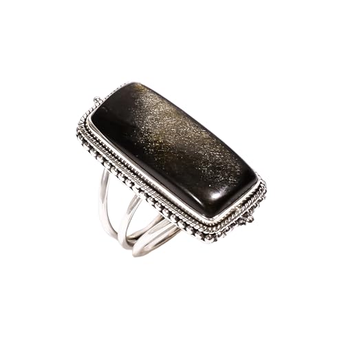 Bague obsidienne dorée pierre précieuse brune argent Sterling 925