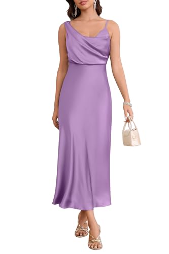 Image of Women's Summer Satin Dress Elegant Cowl Neck Adjustable Spaghetti Strap Wedding Guest Cocktail Party Maxi Dresses