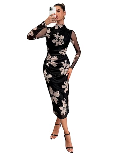 Image of Women's Summer Mesh Sheer Long Sleeve Midi Ruched Bodycon Dress Mock Neck Elegant Evening Party Cocktail Dresses
