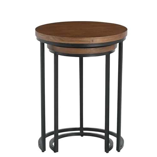 Image of INTERNATIONAL FURNITURE & IRON Nest of 2 Table, Metal Black, Acacia Wood Natural Finish Top, Big 40 X 40 X 53Cm, Small 30 X 30 X 48Cm