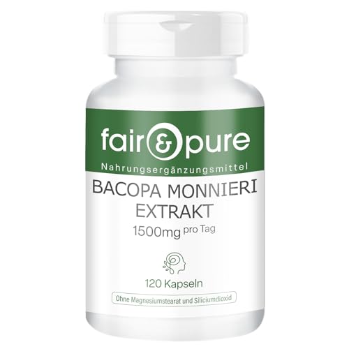 Fair & Pure® - Extracto de Bacopa Monnieri 1500 mg por día - Polvo de Brahmi en Cápsulas - 20% de Bacósidos - Vegano - Alta pureza - 120 Cápsulas
