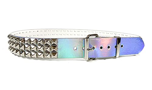 Silver Rainbow Holographic Three Row Black Pyramid Stud Rave Studded Belt Vegan Punk Goth2