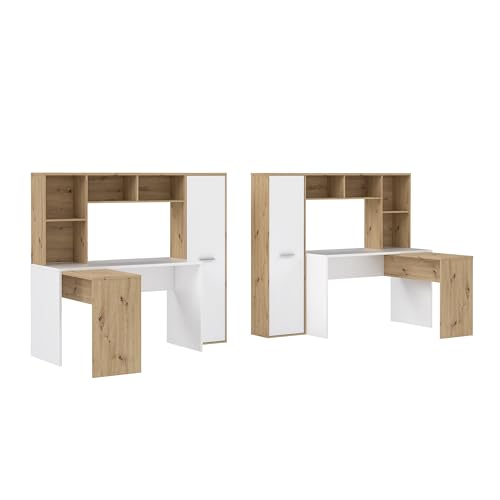 Forte ERIADU Schreibtisch 170 180, moderner Schreibtisch, Computertisch, Büro, Home Office, Holzwerkstoff, Artisan Eiche Holzdekor/Weiß, 173 cm breit x 152 cm hoch x 116 cm tief