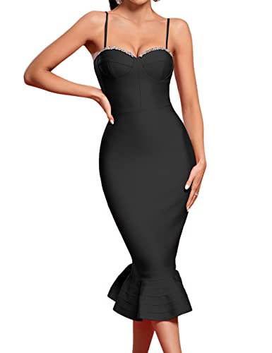 UONBOX Women's Mermaid Sleeveless Rhinestone Bodycon Dress Party Club Midi Bandage Dress