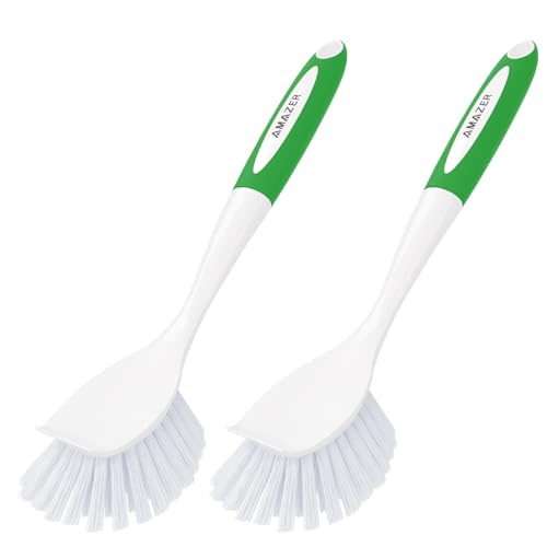 Image of Amazer Dish Brush with Handle, 2 Pack Kitchen Scrub Brushes with Built-in Scraper for Cleaning, Dish Scrubber with Stiff Bristles for Sink, Pots, Pans (Green+Green)