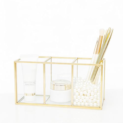 Organisateur pinceaux maquillage JIARI en verre doré 3 compartiments