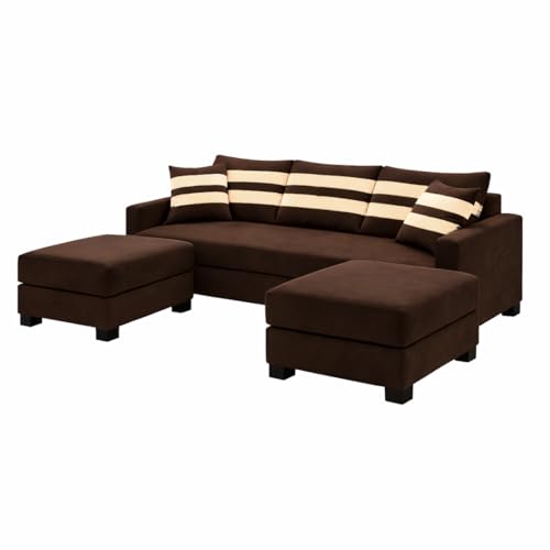 Image of Kassian 5 Seater L Shape Sofa Set with 2 Movable Ottomans | Flexible Layout | Rich Velvet Suede Fabric | Silver Legs | Modern Sofa for Living Room (Dark Brown)