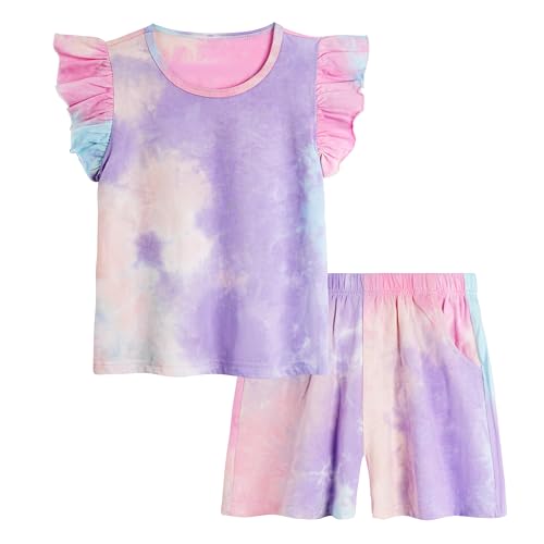 Girls Summer Short Set Cotton Tie Dye Toddler Kids Short Ruffle Sleeve Clothing 3-10Y