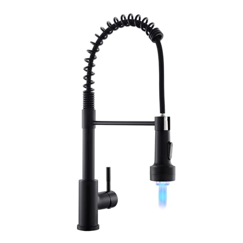 Image of GIMILI Commercial Kitchen Sink Faucet,Single Handle Solid Brass Pull Down Sprayer Spring Matte Black Kitchen Faucet with LED Light