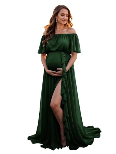 Chiffon Off Shoulder Maternity Dresses for Photoshoot Ruffle Slit Bridal Lingerie Long Robes for Baby Shower