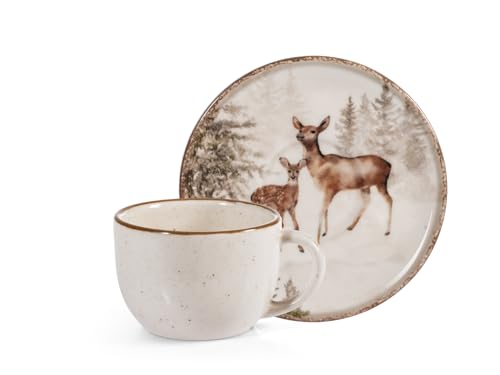 H&H Set di 4 Tazze da Caffè in Stoneware con Piattino – 115 cc – Beige Puntinato con Bordo Marrone, Decorazione Magical Deer con Paesaggio Innevato, Perfette per il Periodo Invernale e Natalizio