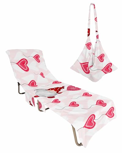 Valentine's Day Gnomes Beach Lounge Chair Towel Cover, Soft Chaise Lounge Towel with Side Pockets Patio Pool Chairs Cover for Beach/Pool Sunbathing 29x85 Pink Love Heart