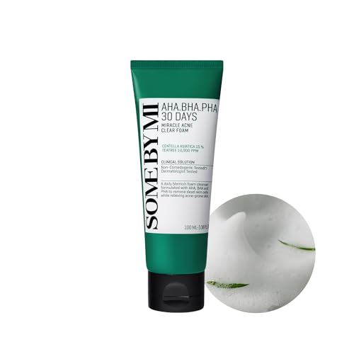 SOME BY MI AHA BHA PHA 30 Days Miracle Acne Clear Foam – 3.38oz, 100ml – Korean Acne Face Wash for Smooth & Clear Skin – Salicylic Acid Cleanser for Exfoliation & Sebum Control – Korean Skin Care