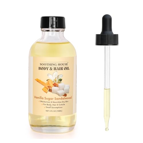 Soothing House Vanilla Sugar Sandalwood Body & Hair Oil – Inspired Warm Gourmand Scent – Hydrating & Nourishing Oil for Skin, Hair & Cuticles – Lightweight, Fast-Absorbing, 4 fl oz