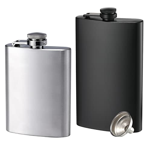2 Pack Hip Flasks for Liquor, 4 oz & 8 oz Stainless Steel Leakproof Thin Flasks with Funnel, Portable Pocket Hip Flasks for Men & Women (4 oz Silver, 8 oz Black)