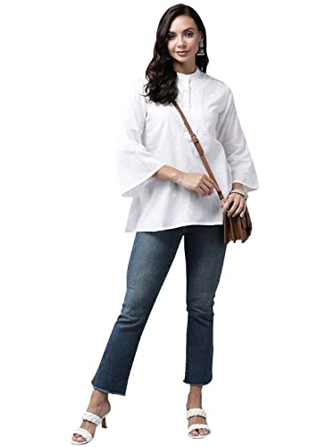 Image of Ada Hand Embroidered Lucknowi Chikankari Cotton Top for Women A911233 | Lucknowi Short Kurta Kurti Tunic Casual Wear Ethnic Wear Chikan Work Straight handcrafted top Kurti for Office
