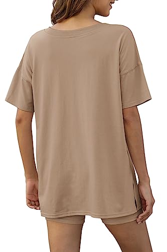 Senserise Womens Workout Set 2 Piece Outfits Short Sleeve V Neck T Shirts Biker Shorts Yoga Reversible Tracksuit(Khaki,L) #TOP2