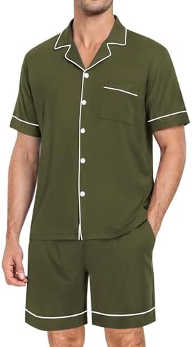 SWOMOG Mens Pajama Set Short Sleeve 2 PCS Sleepwear Button Down S...