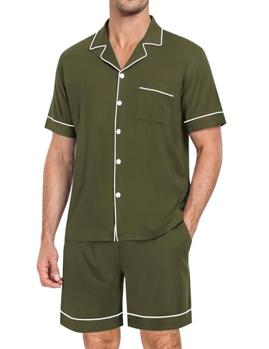 Image of SWOMOG Mens Pajama Set Short Sleeve 2 PCS Sleepwear Button Down Soft Loungewear Modal Set Pj Set with Pockets S-3XL