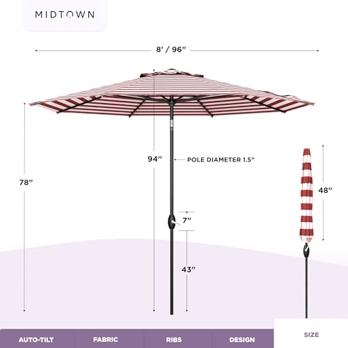 Image of MIDTOWN UMBRELLAS The Lean 8 Feet Outdoor Umbrella With Terylast Red Stripes (Red /White Stripes) Polyester Fabric - 8 Ribs Aluminum Frame Patio Umbrella With Zinc Alloy Crank Lift And Auto-Tilt System