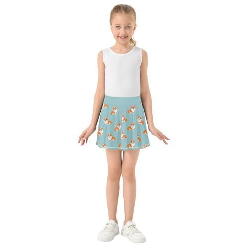 Girls Skorts with Built-in Shorts Cute Corgi Flowy Pleated Skirt for Kids with Pockets L4