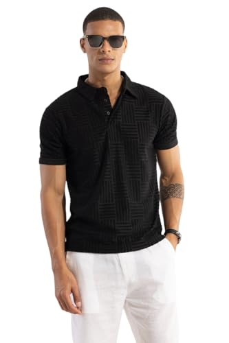 Image of SNITCH Men T-Shirts | Textured Self-Design Slim Fit Polo T-Shirt | 100% Polyester, Buttoned Closure, Half Sleeve, Casual Wear, Street Wear, College Wear