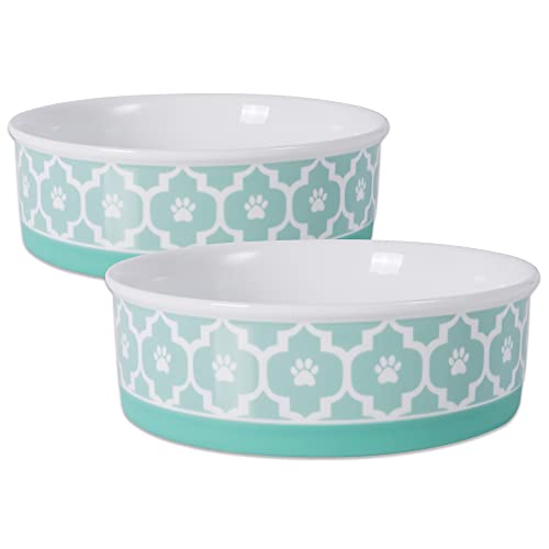 Bone Dry Paw Print Ceramic Pet Bowl, Lattice Collection, Large Set, 7.5x2.4", Aqua, 2 Count by Bone Dry - Used condition - US$19.49