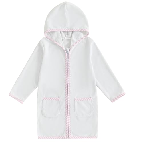 Image of Girls Boys Terry Cloth Swim Cover Up Zip Up Hooded Bathing Suit Coverup Wraps Kids Pool Beach Robe Cover-Up Kimono