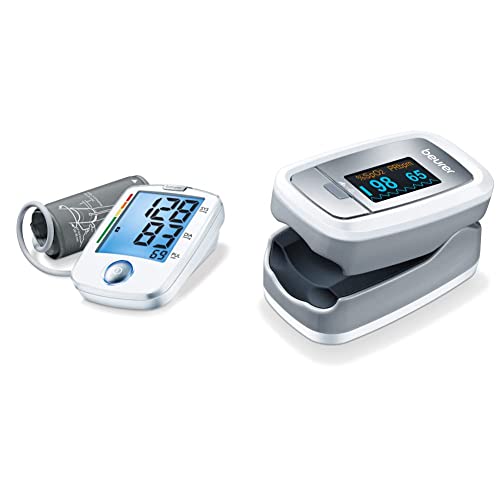 Beurer BM44 Tensiómetro de brazo, indicador OMS, fácILfuncionamiento 1 botón + PO 30 Pulsioxímetro, medición saturación de oxígeno y frecuencia cardíaca, pantalla a color de fácil lectura
