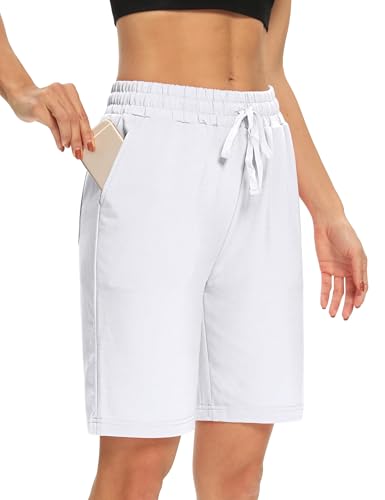 EUHOM Shorts Damen Sommer Bermuda Shorts Casual Kurze Hose Sportshorts Baumwolle Kurz Sporthose Jogginghose Knielang Yoga Running mit Taschen (Weiß, M)