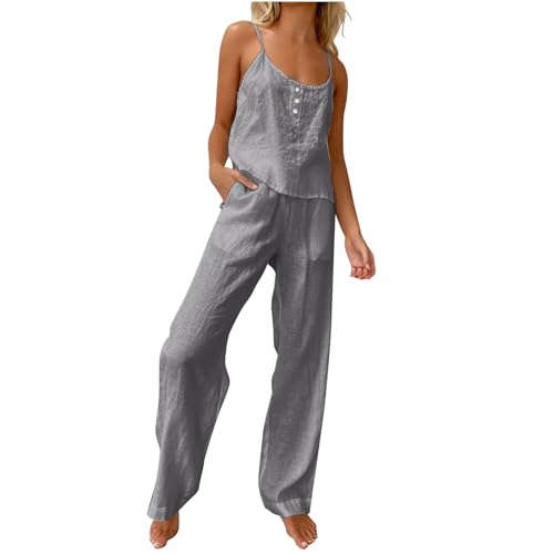 HGps8w Women's Cotton Linen Pajamas Sets Loose Cami Top & Long