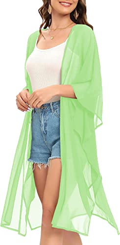 Image of Indian Trendy Women's Solid Puff Sleeve Kimono Long Cardigan Loose Cover Up Casual Blouse Top Chiffon