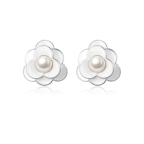 Reffeer Brincos de prata de lei 925 com pérolas e flores para mulher, Prata esterlina, Sem pedra preciosa